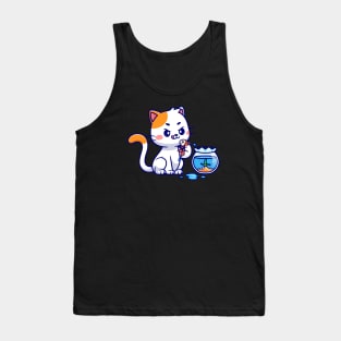 Cute Cat Holding Fish Cartoon Tank Top